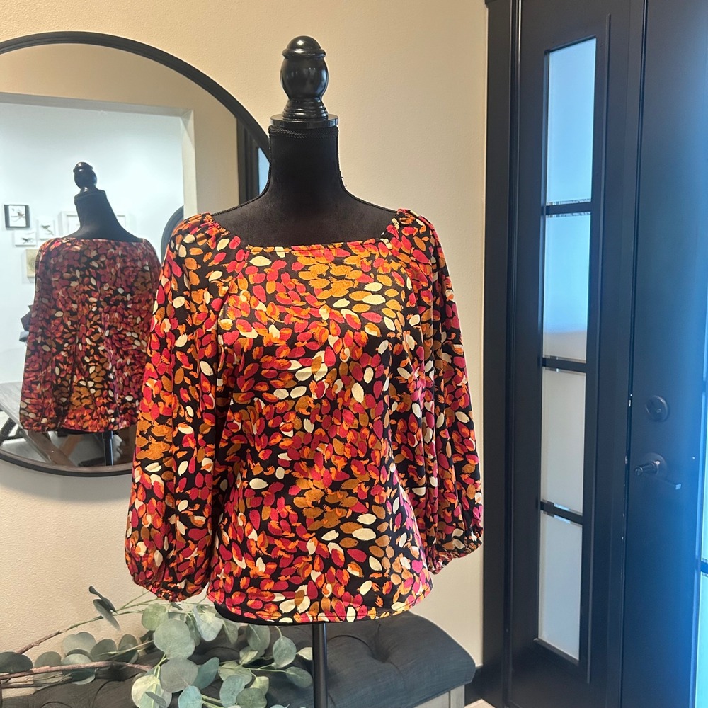Liverpool Los Angeles Autumn Petals Square Neck Balloon Sleeve Blouse Small